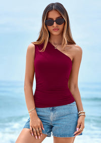 PRETTYGARDEN Womens Sleeveless One Shoulder Tank Top Ruched Slim Fit Shirts Basic Crop Y2k Tops 2026 Spring Fashion Clothing PRETTYGARDEN