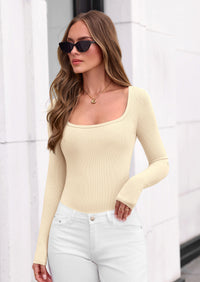 PRETTYGARDEN Bodysuits for Women Fall Long Sleeve Body Suits Scoop Neck Ribbed Knit Fitted Basic Tops Soft Tee Shirts