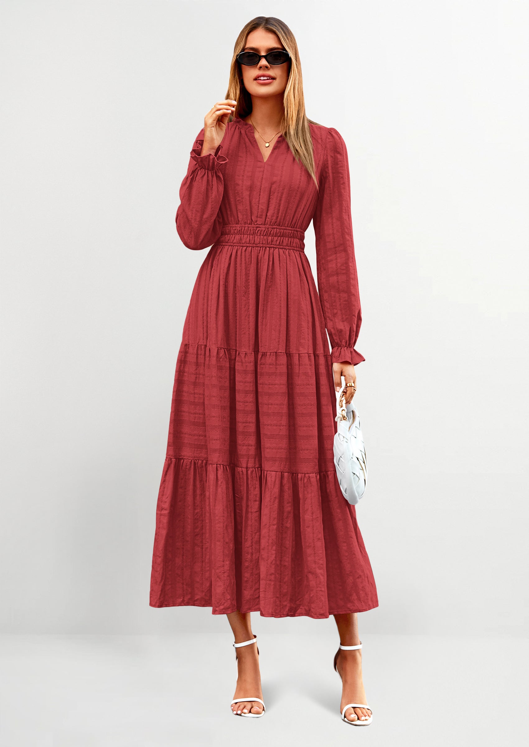 PRETTYGARDEN Women's Fall Wedding Guest Dresses Long Sleeve V Neck Flowy Elegant Holiday Party Maxi Dress with Pockets