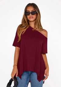 PRETTYGARDEN Off The Shoulder Tops for Women Summer Short Sleeve Asymmetrical Oversized Tee Shirts Casual Spring Clothes PRETTYGARDEN