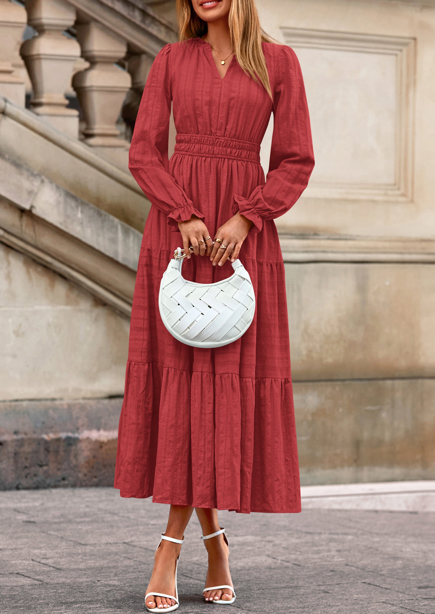 PRETTYGARDEN Women's Fall Wedding Guest Dresses Long Sleeve V Neck Flowy Elegant Holiday Party Maxi Dress with Pockets