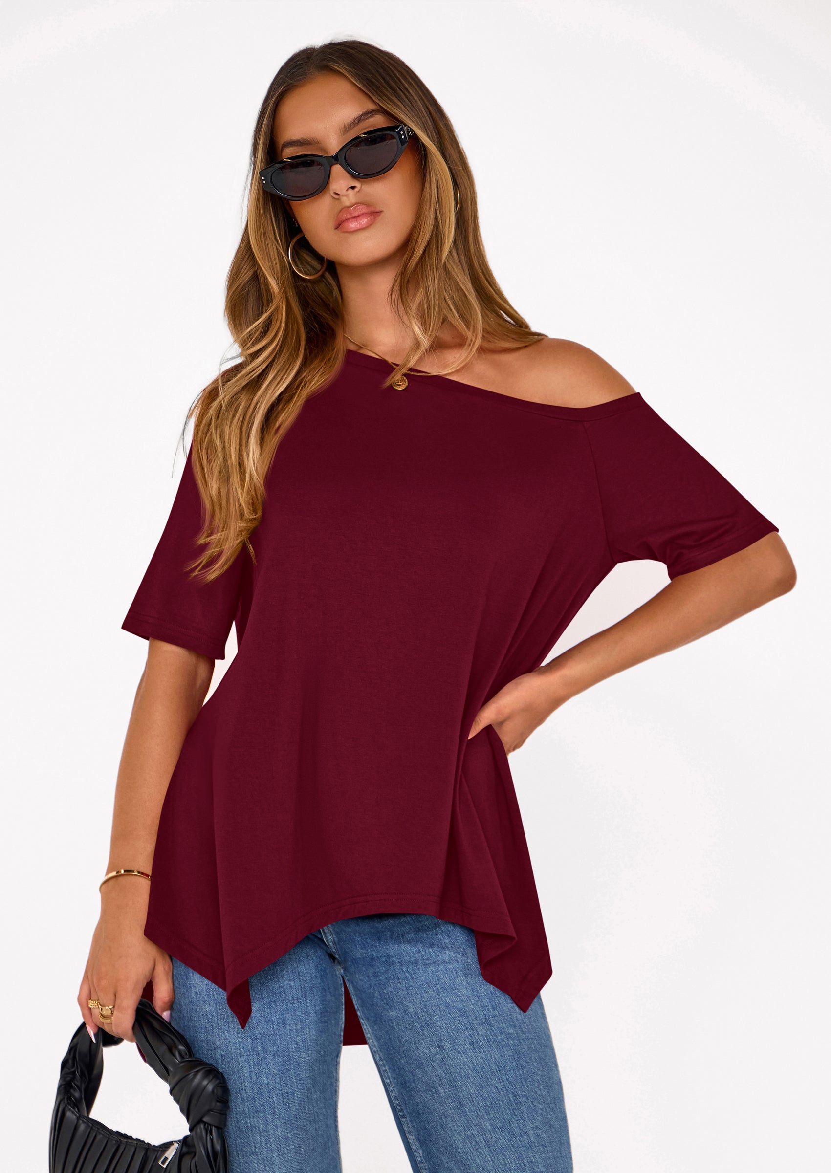 PRETTYGARDEN Off The Shoulder Tops for Women Summer Short Sleeve Asymmetrical Oversized Tee Shirts Casual Spring Clothes PRETTYGARDEN