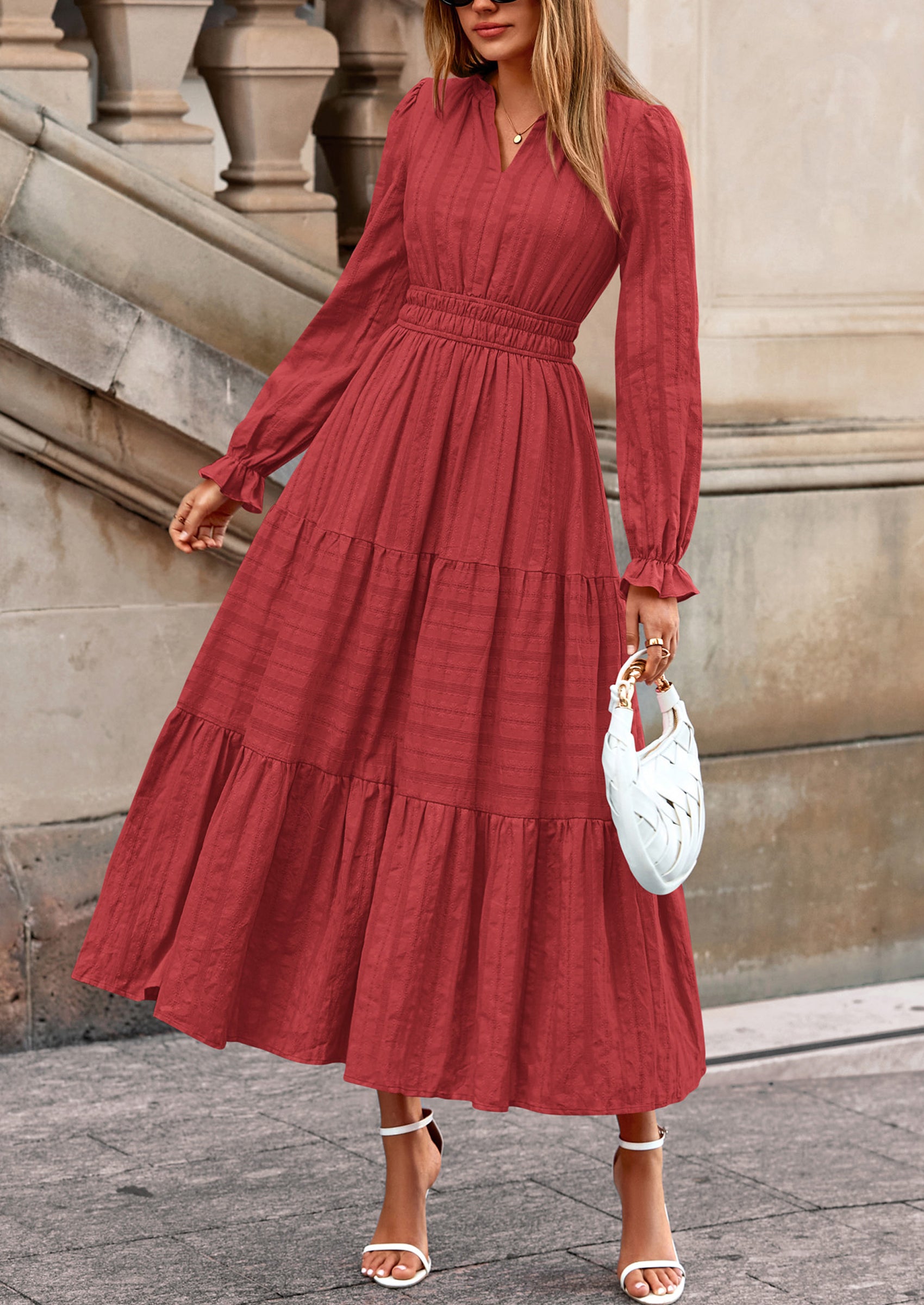 PRETTYGARDEN Women's Fall Wedding Guest Dresses Long Sleeve V Neck Flowy Elegant Holiday Party Maxi Dress with Pockets