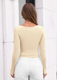 PRETTYGARDEN Bodysuits for Women Fall Long Sleeve Body Suits Scoop Neck Ribbed Knit Fitted Basic Tops Soft Tee Shirts