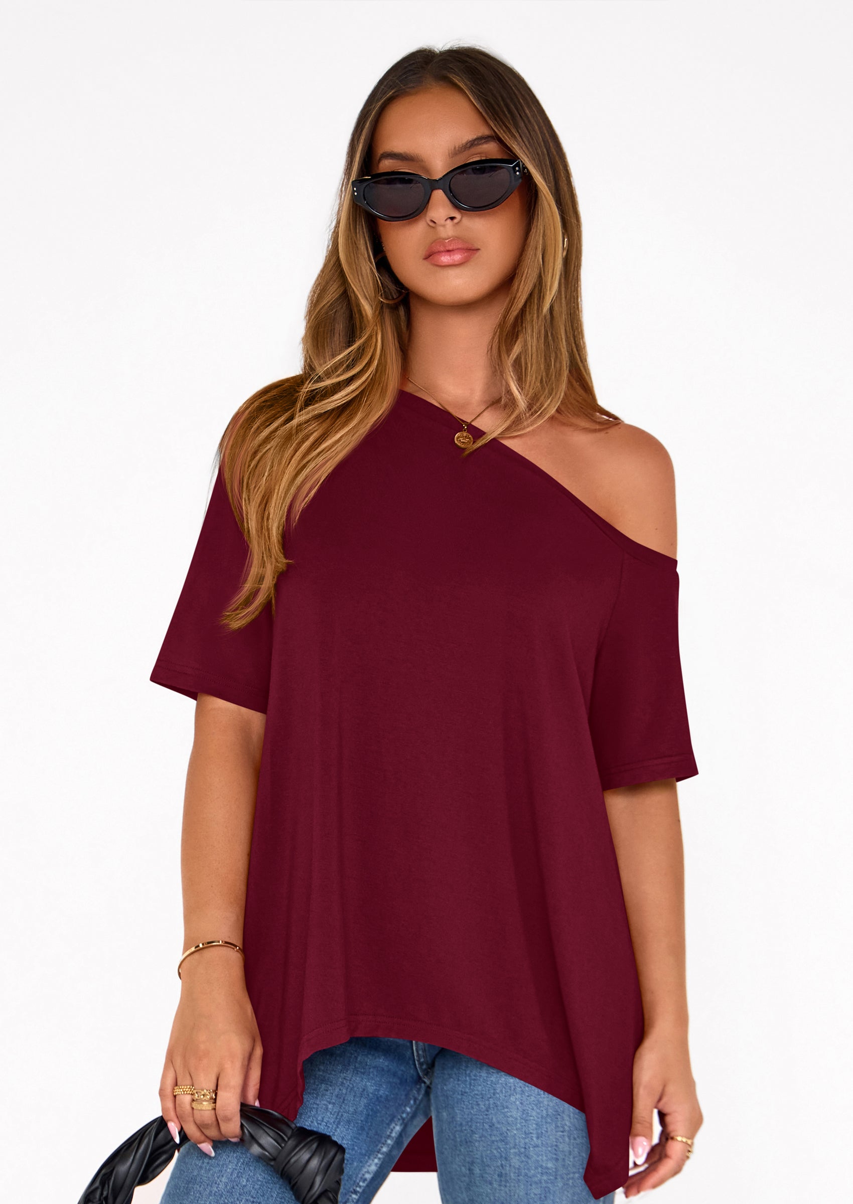 PRETTYGARDEN Off The Shoulder Tops for Women Summer Short Sleeve Asymmetrical Oversized Tee Shirts Casual Spring Clothes PRETTYGARDEN