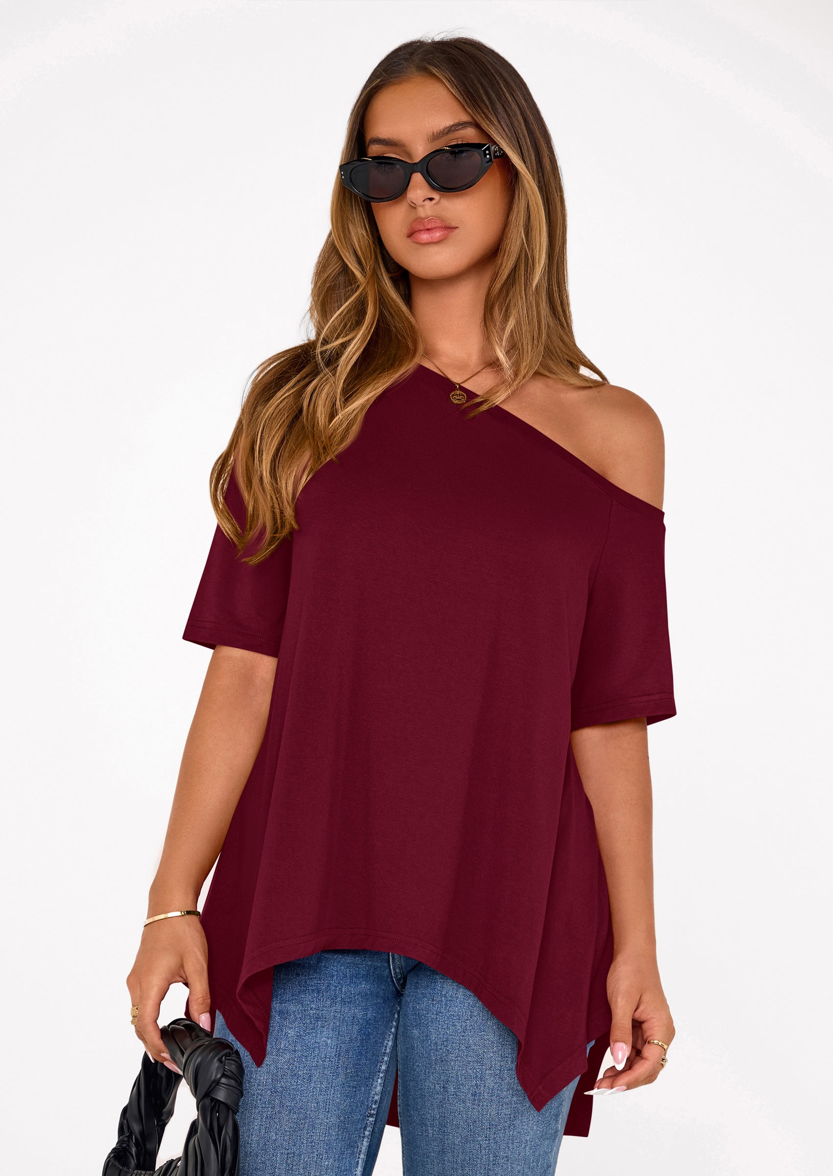 PRETTYGARDEN Off The Shoulder Tops for Women Summer Short Sleeve Asymmetrical Oversized Tee Shirts Casual Spring Clothes PRETTYGARDEN
