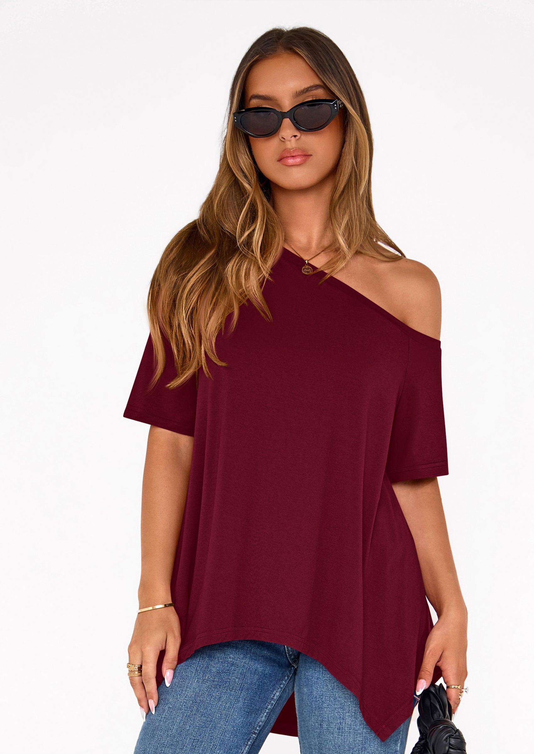 PRETTYGARDEN Off The Shoulder Tops for Women Summer Short Sleeve Asymmetrical Oversized Tee Shirts Casual Spring Clothes PRETTYGARDEN