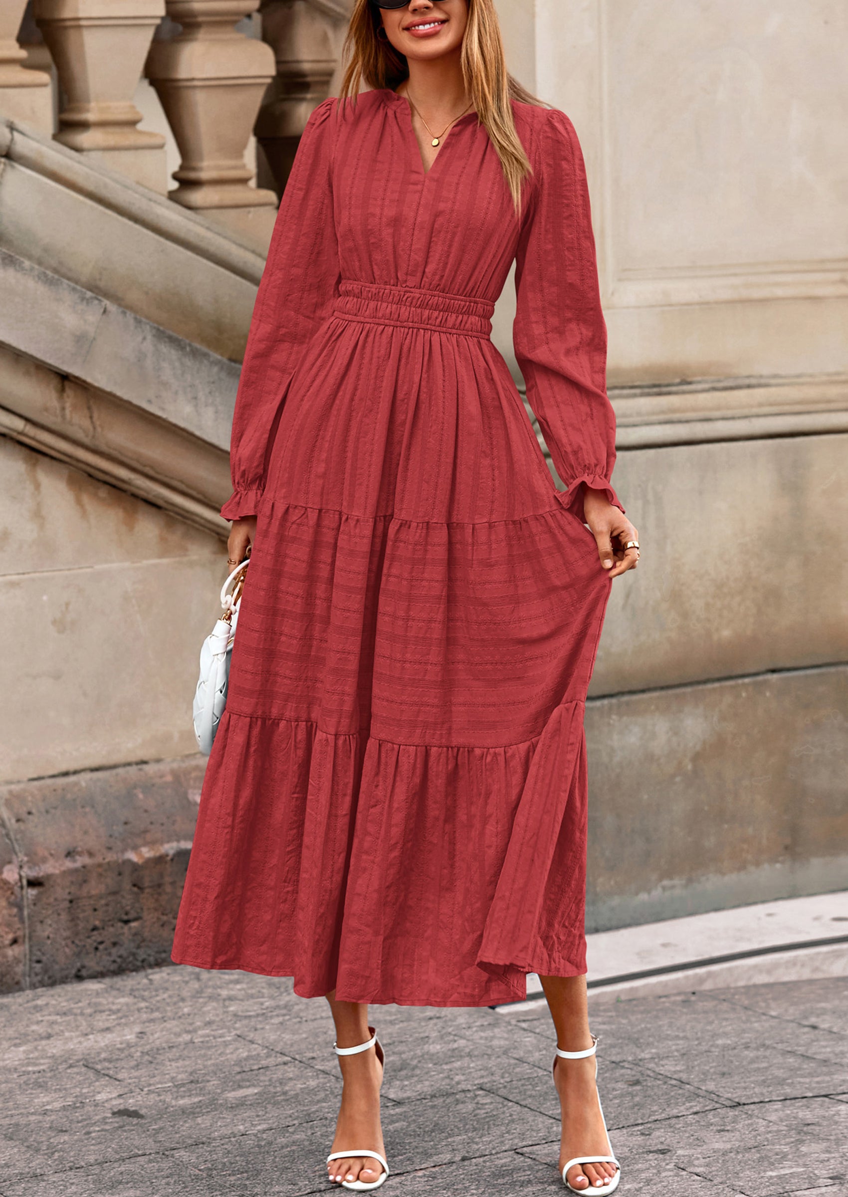 PRETTYGARDEN Women's Fall Wedding Guest Dresses Long Sleeve V Neck Flowy Elegant Holiday Party Maxi Dress with Pockets