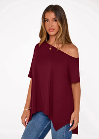 PRETTYGARDEN Off The Shoulder Tops for Women Summer Short Sleeve Asymmetrical Oversized Tee Shirts Casual Spring Clothes PRETTYGARDEN