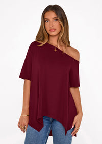 PRETTYGARDEN Off The Shoulder Tops for Women Summer Short Sleeve Asymmetrical Oversized Tee Shirts Casual Spring Clothes PRETTYGARDEN