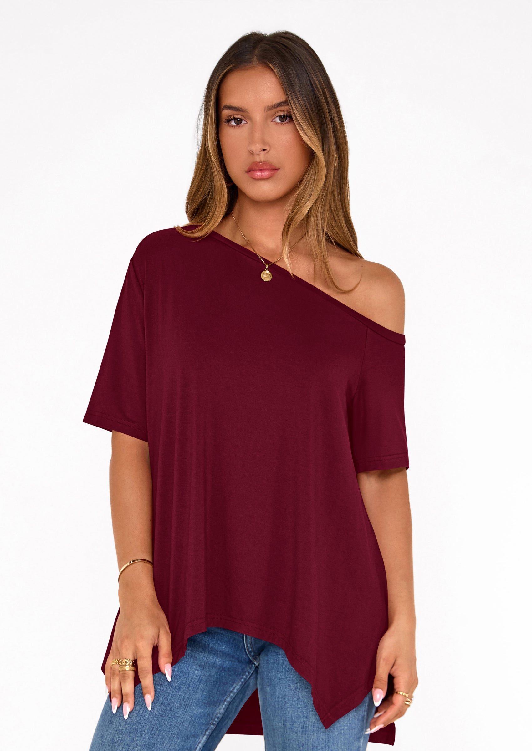 PRETTYGARDEN Off The Shoulder Tops for Women Summer Short Sleeve Asymmetrical Oversized Tee Shirts Casual Spring Clothes PRETTYGARDEN