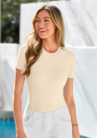 PRETTYGARDEN Body Suits for Womens Summer Tops Casual Short Sleeve Ribbed Fitted Basic Tee Shirts Spring Fashion Clothes