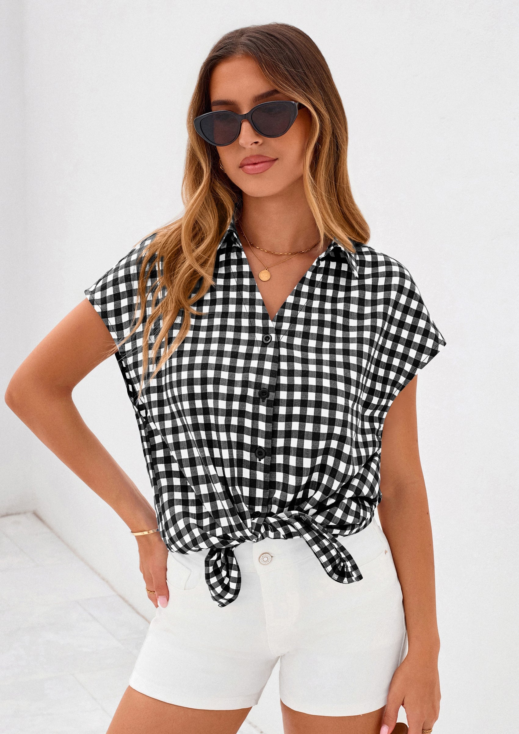PRETTYGARDEN Womens Button Dwon Shirts V Neck Short Cap Sleeve Collared Plaid Tops Summer Spring Casual Blouses Clothes PRETTYGARDEN