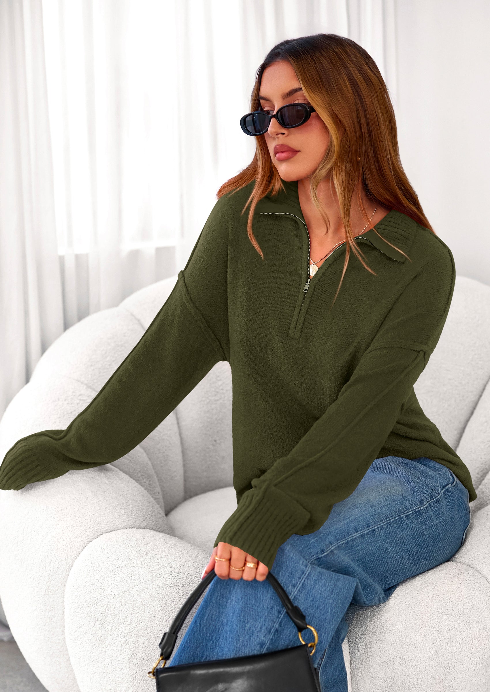 PRETTYGARDEN Womens Sweaters Quarter Zip Pullover Early Fall Fashion Long Sleeve V Neck Collared Knit Winter Jumper Tops