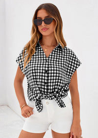 PRETTYGARDEN Womens Button Dwon Shirts V Neck Short Cap Sleeve Collared Plaid Tops Summer Spring Casual Blouses Clothes PRETTYGARDEN