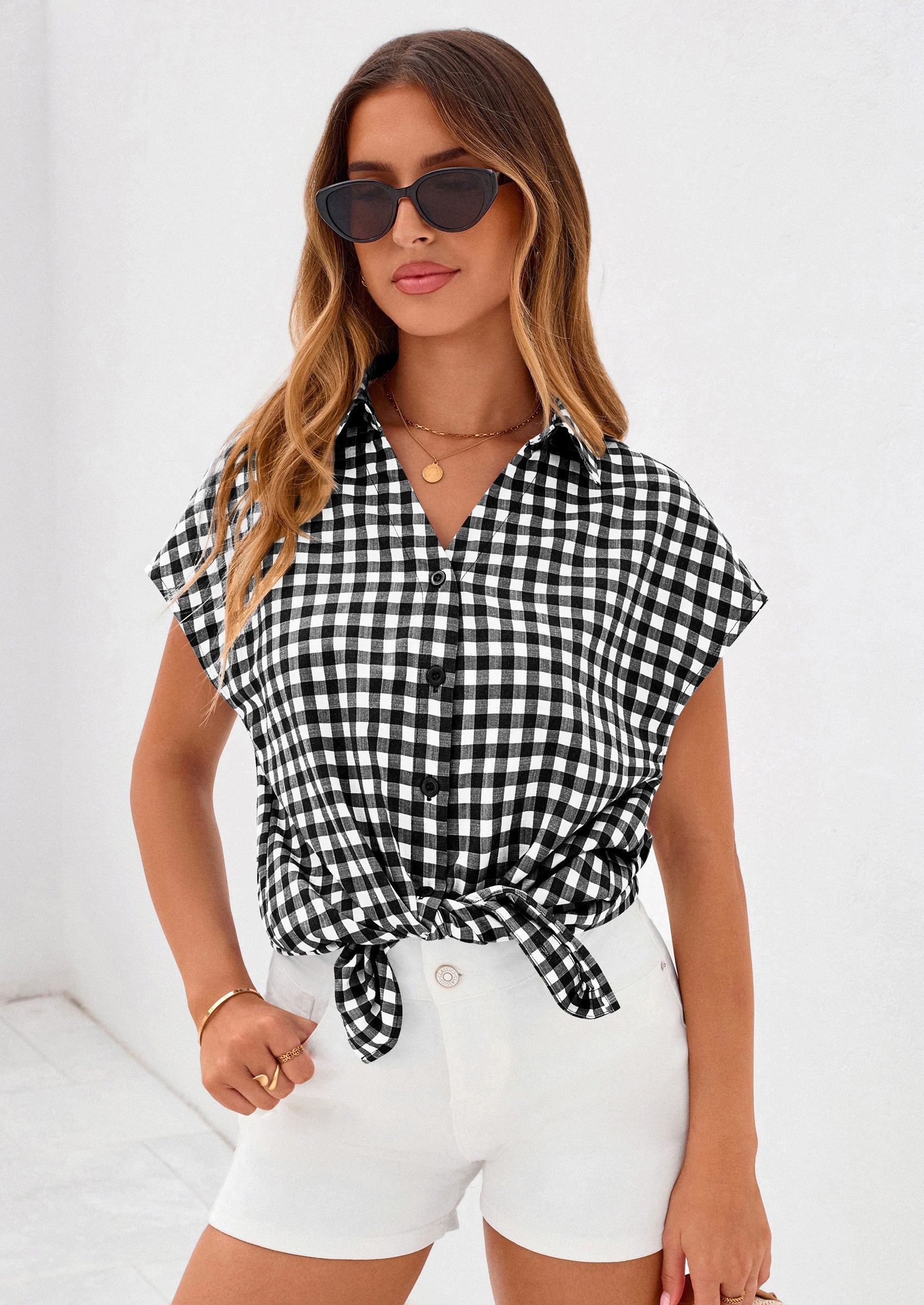 PRETTYGARDEN Womens Button Dwon Shirts V Neck Short Cap Sleeve Collared Plaid Tops Summer Spring Casual Blouses Clothes PRETTYGARDEN