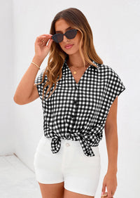 PRETTYGARDEN Womens Button Dwon Shirts V Neck Short Cap Sleeve Collared Plaid Tops Summer Spring Casual Blouses Clothes PRETTYGARDEN