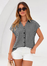 PRETTYGARDEN Womens Button Dwon Shirts V Neck Short Cap Sleeve Collared Plaid Tops Summer Spring Casual Blouses Clothes PRETTYGARDEN