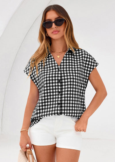 PRETTYGARDEN Womens Button Dwon Shirts V Neck Short Cap Sleeve Collared Plaid Tops Summer Spring Casual Blouses Clothes PRETTYGARDEN