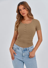 PRETTYGARDEN Women's Spring Summer Short Sleeve Tops Ribbed Henley Button Slim Fit Basic Casual T Shirts Blouse Clothing