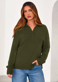 PRETTYGARDEN Womens Sweaters Quarter Zip Pullover Early Fall Fashion Long Sleeve V Neck Collared Knit Winter Jumper Tops