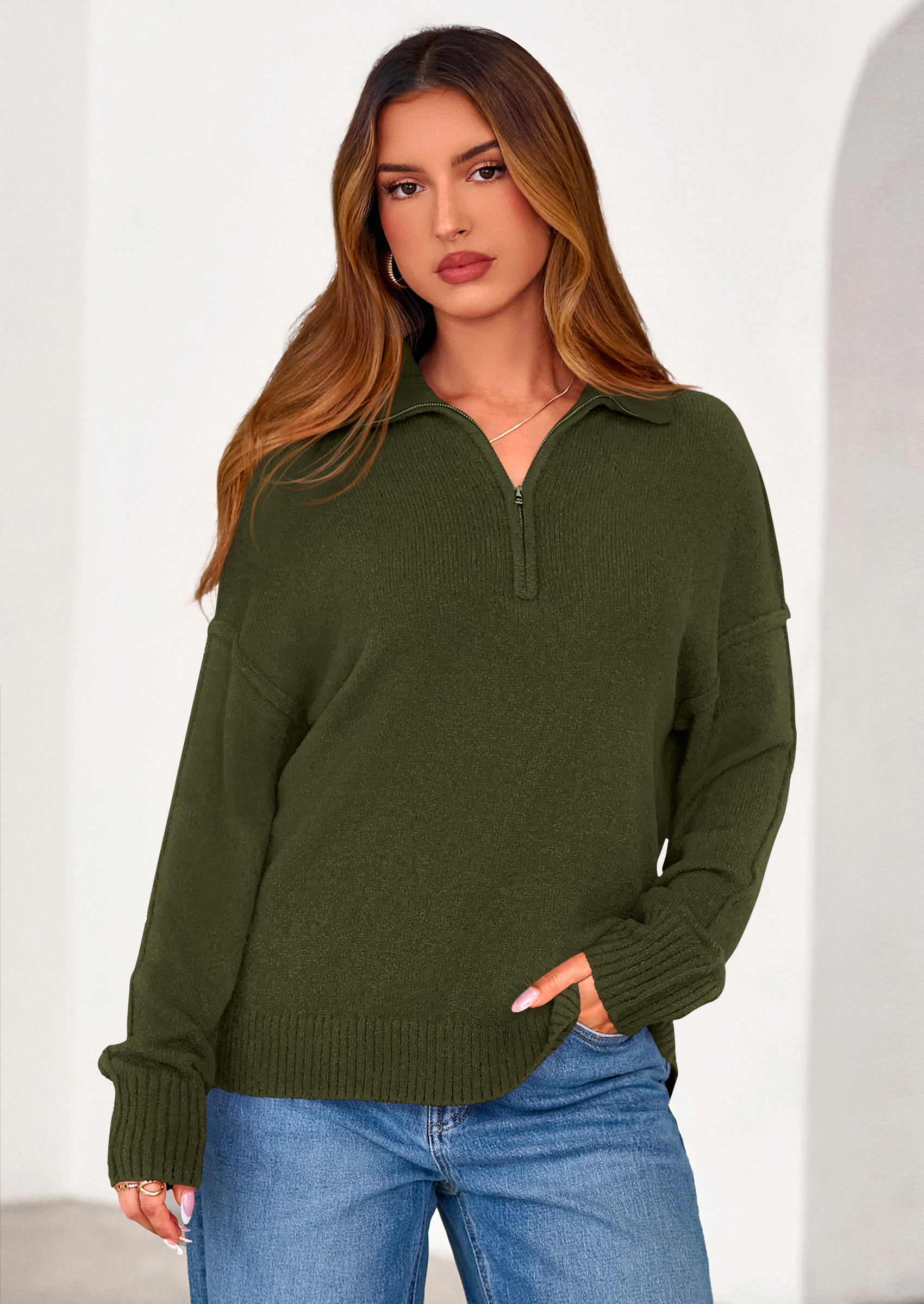 PRETTYGARDEN Womens Sweaters Quarter Zip Pullover Early Fall Fashion Long Sleeve V Neck Collared Knit Winter Jumper Tops