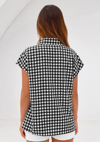 PRETTYGARDEN Womens Button Dwon Shirts V Neck Short Cap Sleeve Collared Plaid Tops Summer Spring Casual Blouses Clothes PRETTYGARDEN