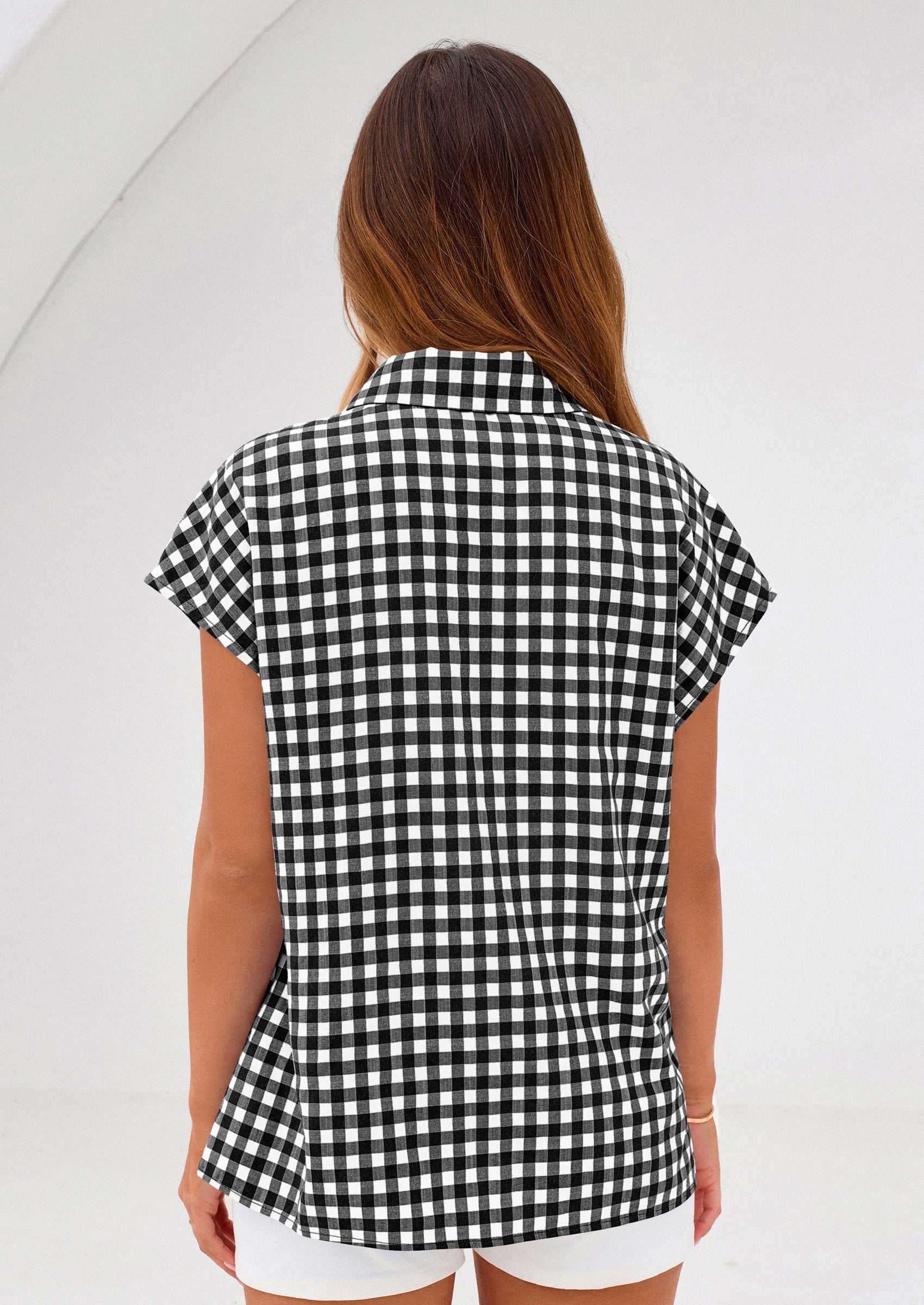 PRETTYGARDEN Womens Button Dwon Shirts V Neck Short Cap Sleeve Collared Plaid Tops Summer Spring Casual Blouses Clothes PRETTYGARDEN