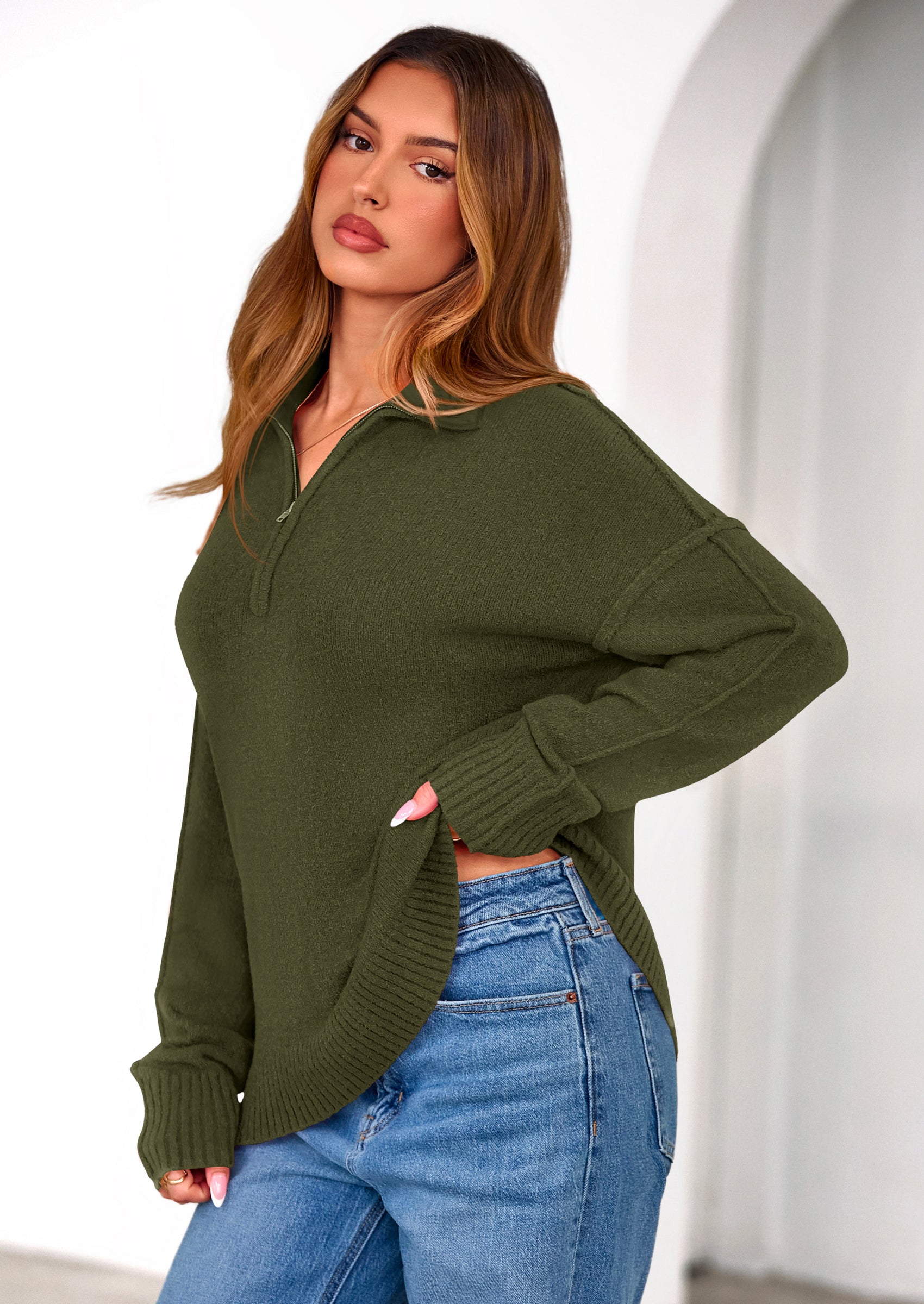 PRETTYGARDEN Womens Sweaters Quarter Zip Pullover Early Fall Fashion Long Sleeve V Neck Collared Knit Winter Jumper Tops