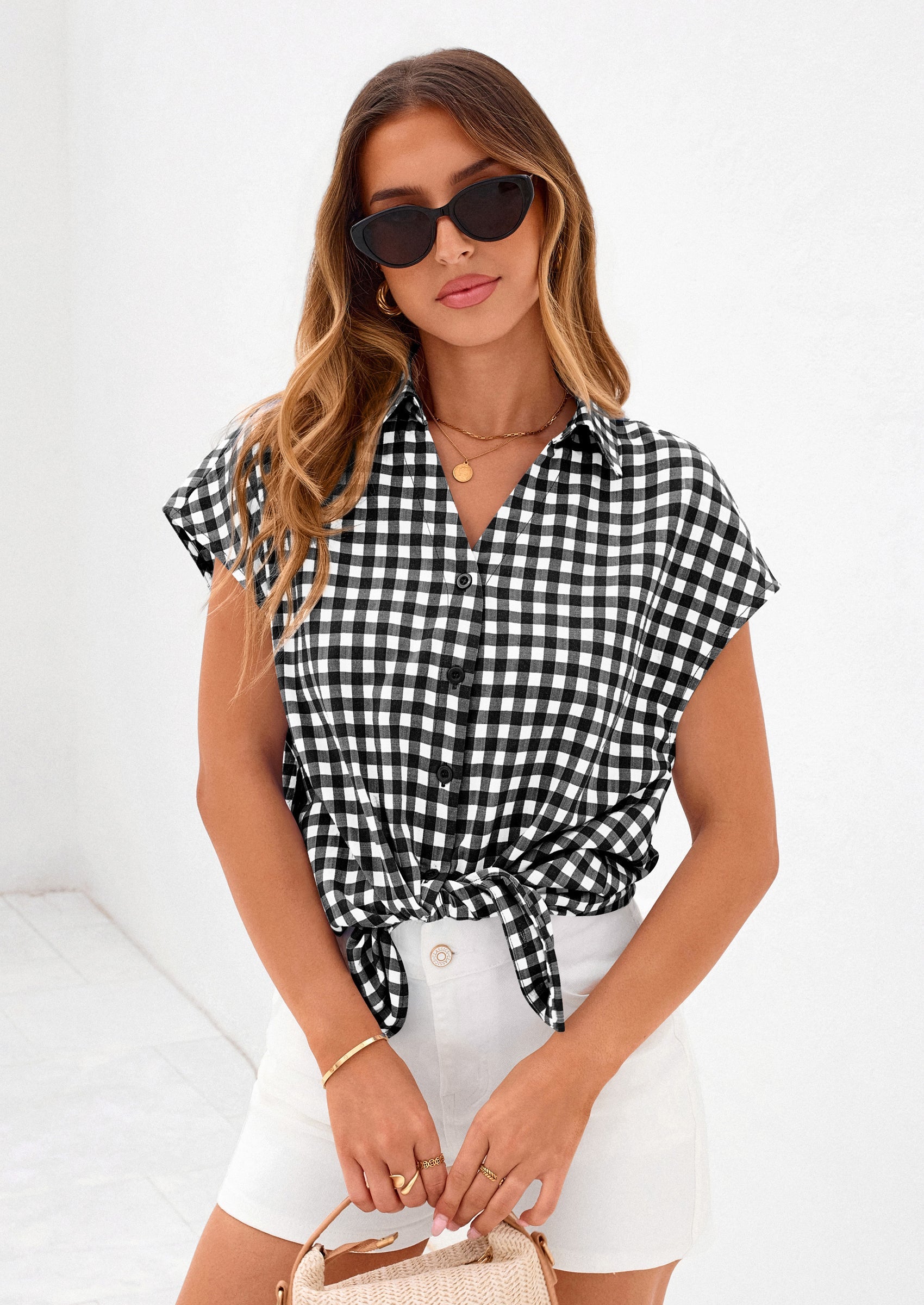 PRETTYGARDEN Womens Button Dwon Shirts V Neck Short Cap Sleeve Collared Plaid Tops Summer Spring Casual Blouses Clothes PRETTYGARDEN