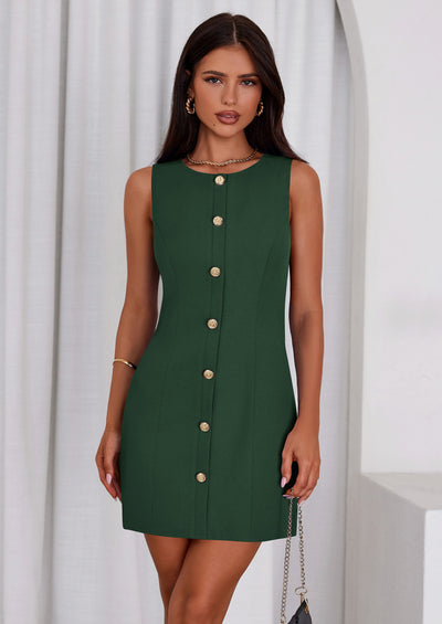 PRETTYGARDEN Work Dresses for Women Spring Business Formal Short Dress Sleeveless Button Down Elegant Office Outfits