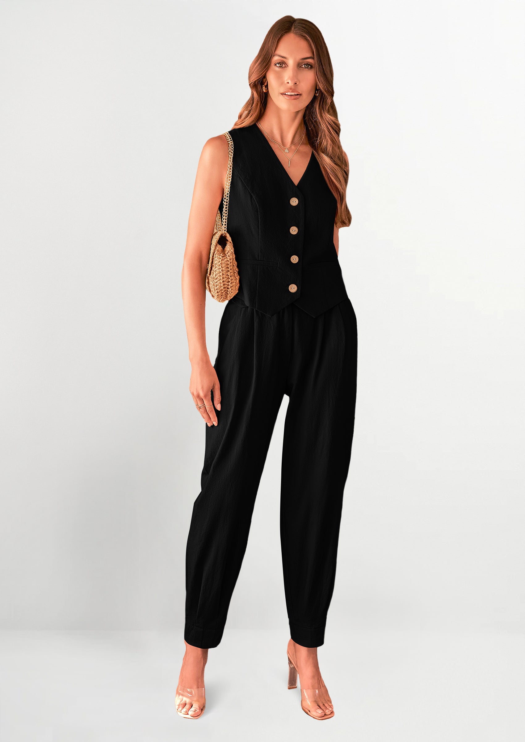 PRETTYGARDEN Two Piece V Neck Button Front Cropped Tank Tops Vest Pockets Pants Cotton Sets