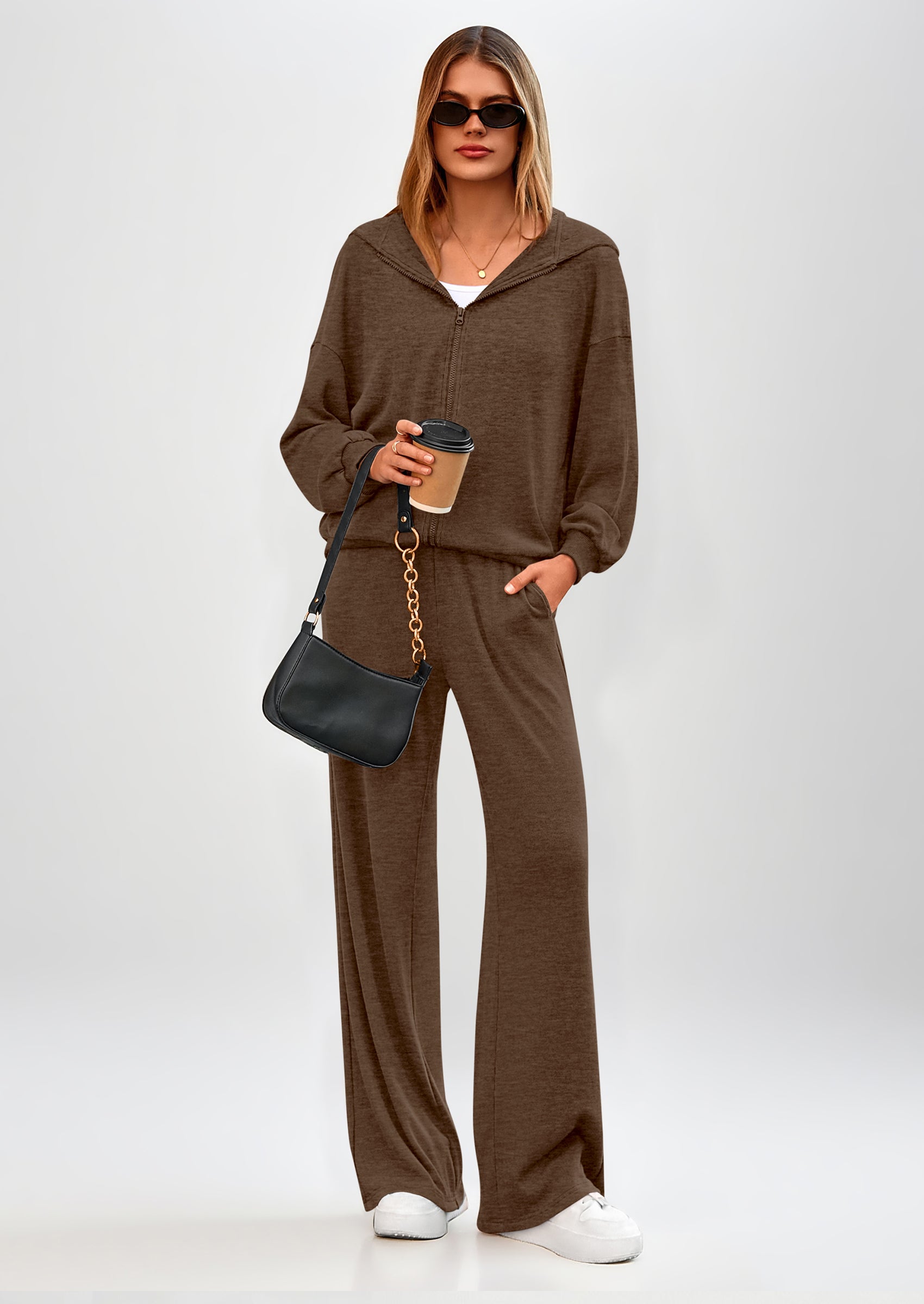 PRETTYGARDEN Women's 2 Piece Fall Lounge Sets Zip Up Hoodie Wide Leg Pants Tracksuit Matching Travel Outfits Clothes