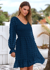 BTFBM Spring Dresses for Women 2026 Long Sleeve Casual V Neck Swiss Dot Smocked Ruffle Chiffon Flowy Mini Summer Dress PRETTYGARDEN