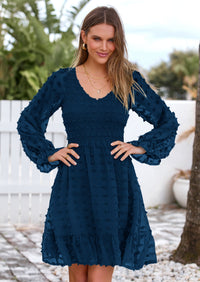 BTFBM Spring Dresses for Women 2026 Long Sleeve Casual V Neck Swiss Dot Smocked Ruffle Chiffon Flowy Mini Summer Dress PRETTYGARDEN