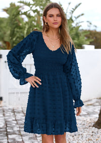 BTFBM Spring Dresses for Women 2026 Long Sleeve Casual V Neck Swiss Dot Smocked Ruffle Chiffon Flowy Mini Summer Dress PRETTYGARDEN