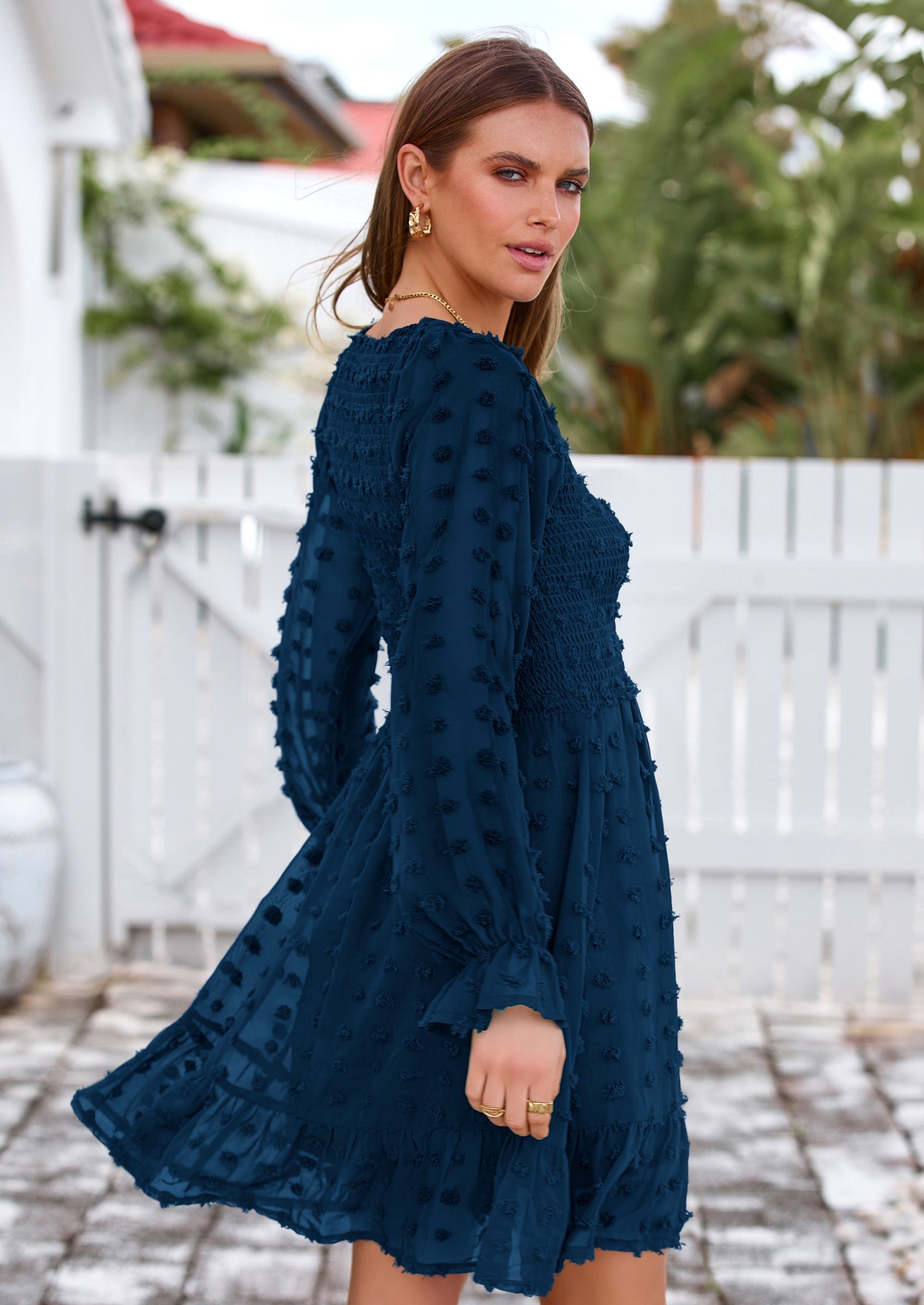 BTFBM Spring Dresses for Women 2026 Long Sleeve Casual V Neck Swiss Dot Smocked Ruffle Chiffon Flowy Mini Summer Dress PRETTYGARDEN