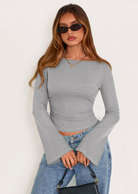 PRETTYGARDEN Women's Long Sleeve Shirts Fall Going Out Tops Casual Boat Neck Bell Sleeve Ribbed Ruched Y2K Clothes