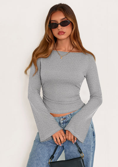 PRETTYGARDEN Women's Long Sleeve Shirts Fall Going Out Tops Casual Boat Neck Bell Sleeve Ribbed Ruched Y2K Clothes