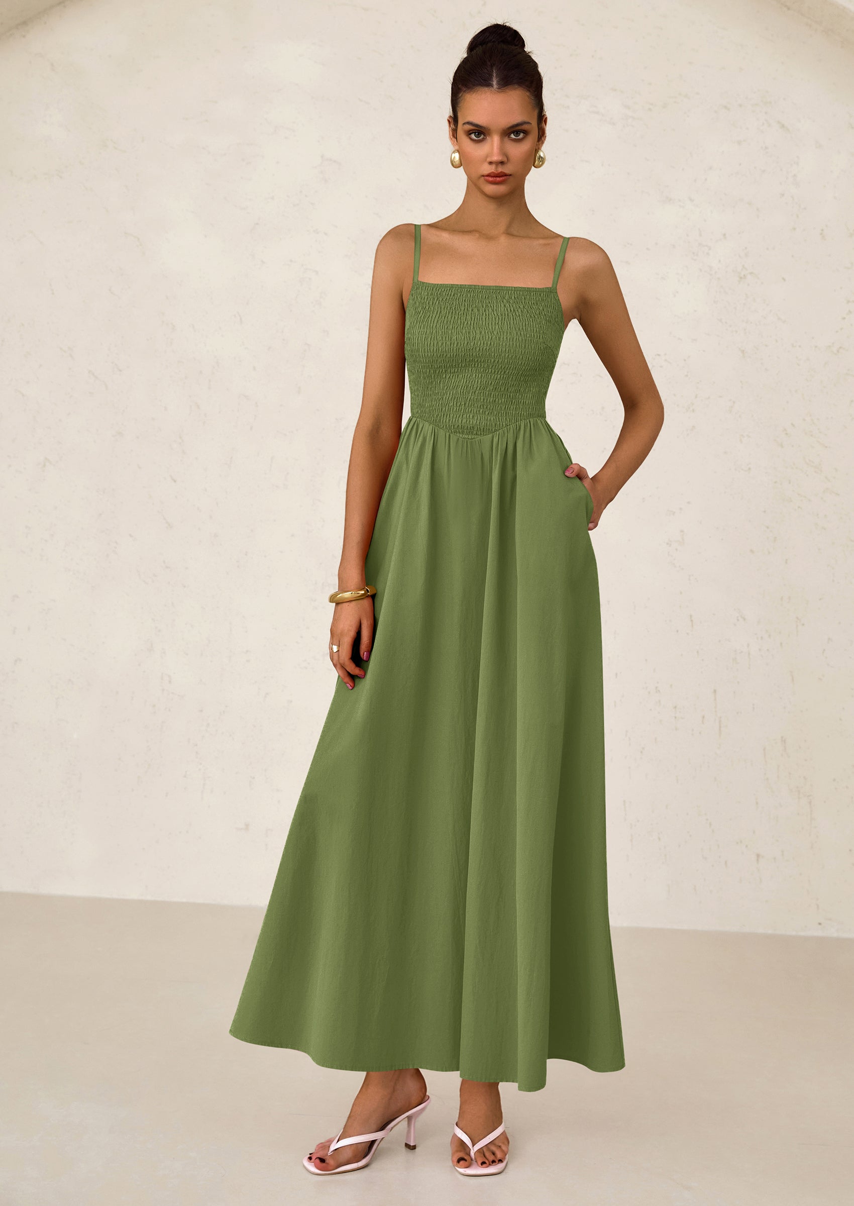 PRETTYGARDEN Women's Smocked Maxi Dresses Beach Sundress Casual Spaghetti Strap Swing A Line Long Flowy Dress