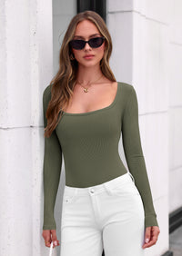 PRETTYGARDEN Bodysuits for Women Fall Long Sleeve Body Suits Scoop Neck Ribbed Knit Fitted Basic Tops Soft Tee Shirts