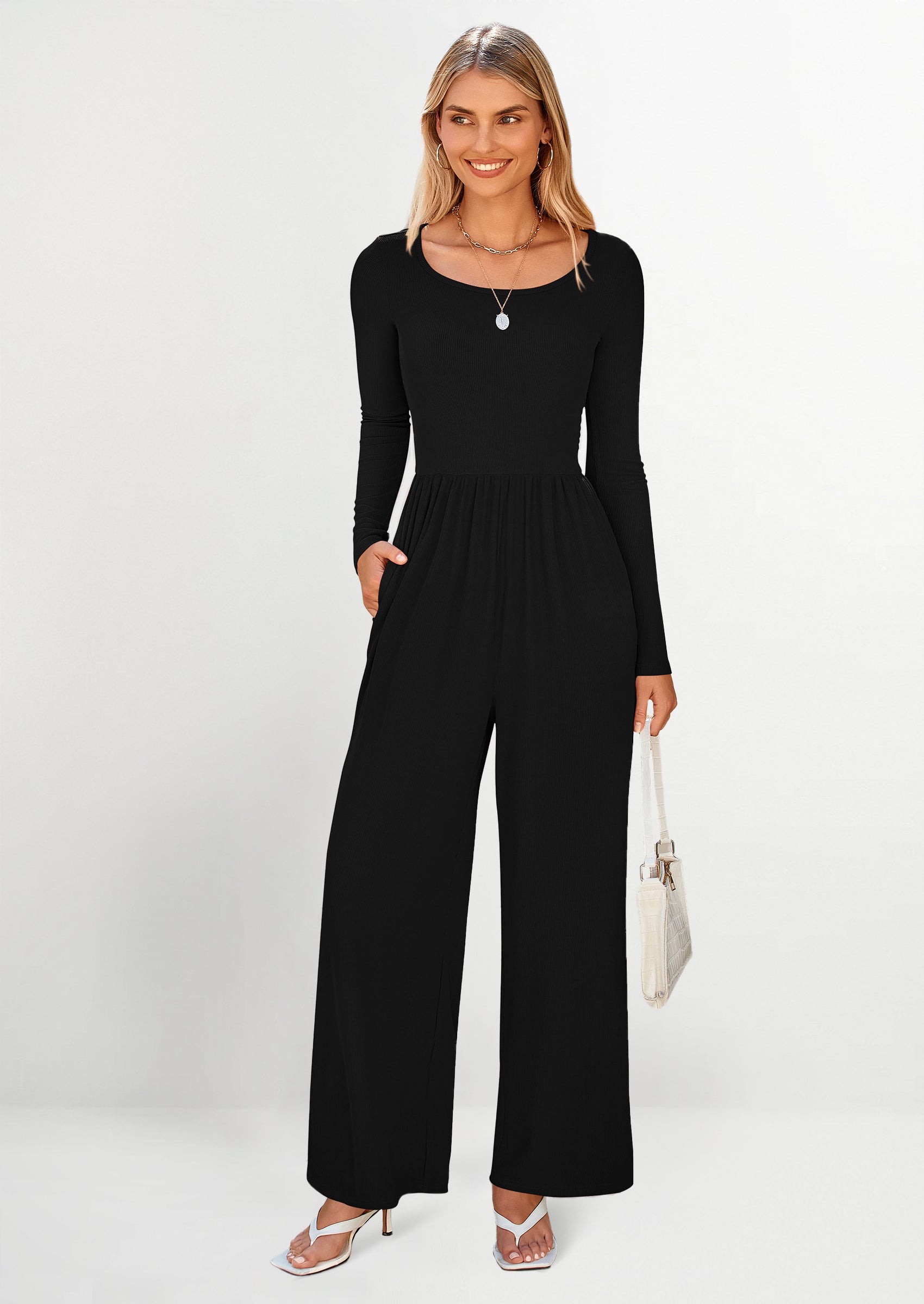 PRETTYGARDEN Fashion Jumpsuits Dressy Casual Long Sleeve Wide Leg Ribbed Knit Rompers