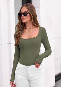 PRETTYGARDEN Bodysuits for Women Fall Long Sleeve Body Suits Scoop Neck Ribbed Knit Fitted Basic Tops Soft Tee Shirts