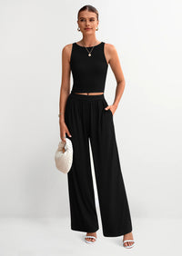 PRETTYGARDEN Two Piece Sets Ribbed Knit Crew Neck Sleeveless Tank Tops Wide Leg Pants Casual Lounge Set