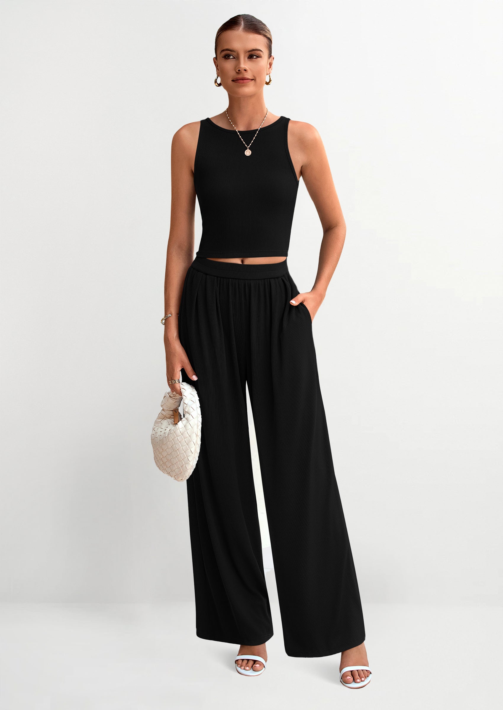 PRETTYGARDEN Two Piece Sets Ribbed Knit Crew Neck Sleeveless Tank Tops Wide Leg Pants Casual Lounge Set