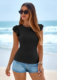 PRETTYGARDEN Womens Summer Crew Neck T Shirts Trendy Ruffle Sleeve Slim Fit Knit Going Out Tops Casual Spring Clothes PRETTYGARDEN