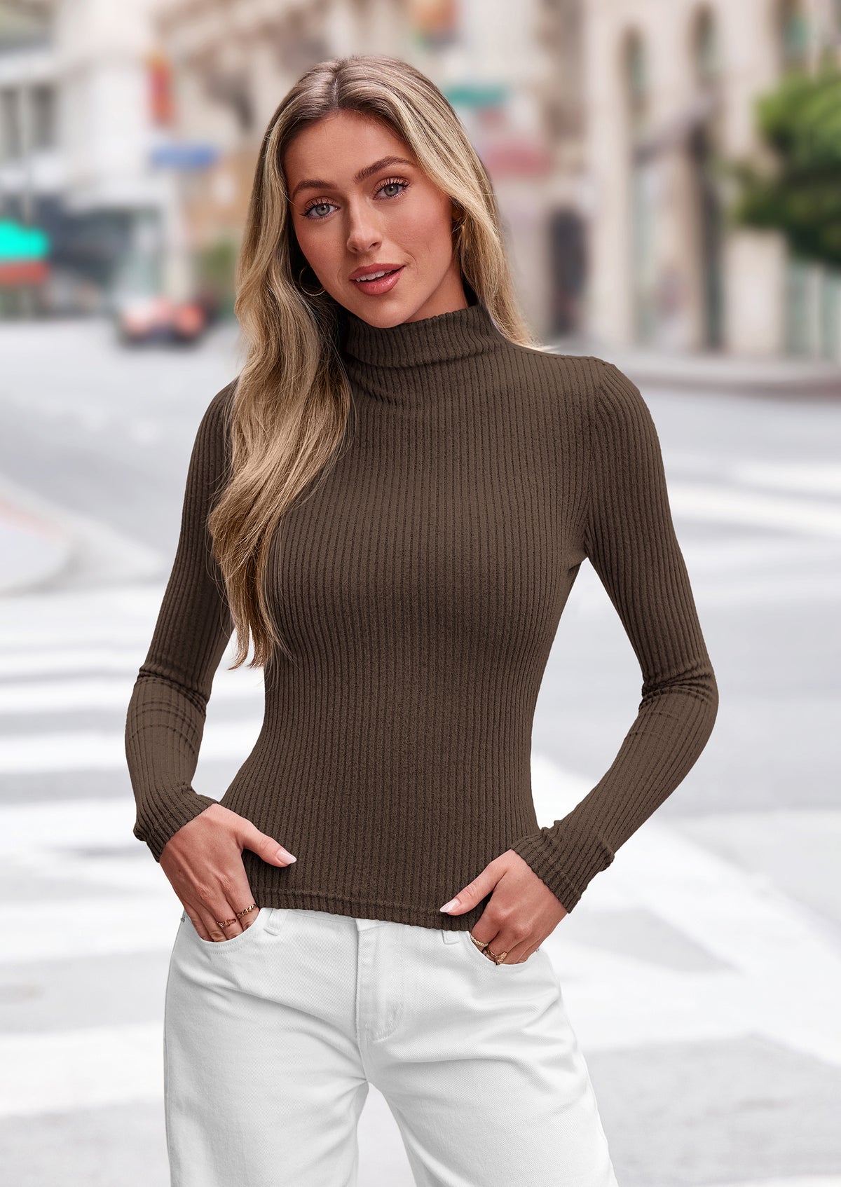 PRETTYGARDEN Long Sleeve T Shirts for Women Fall Fashion Mock Neck Fitted Ribbed Tee Tops Casual Basic Winter Clothing