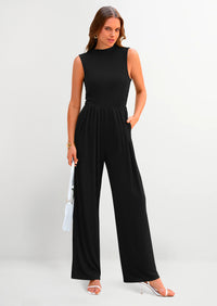 PRETTYGARDEN Womens Summer Jumpsuits Dressy Casual One Piece Outfits Sleeveless Mock Neck Wide Leg Pants Rompers with Pockets