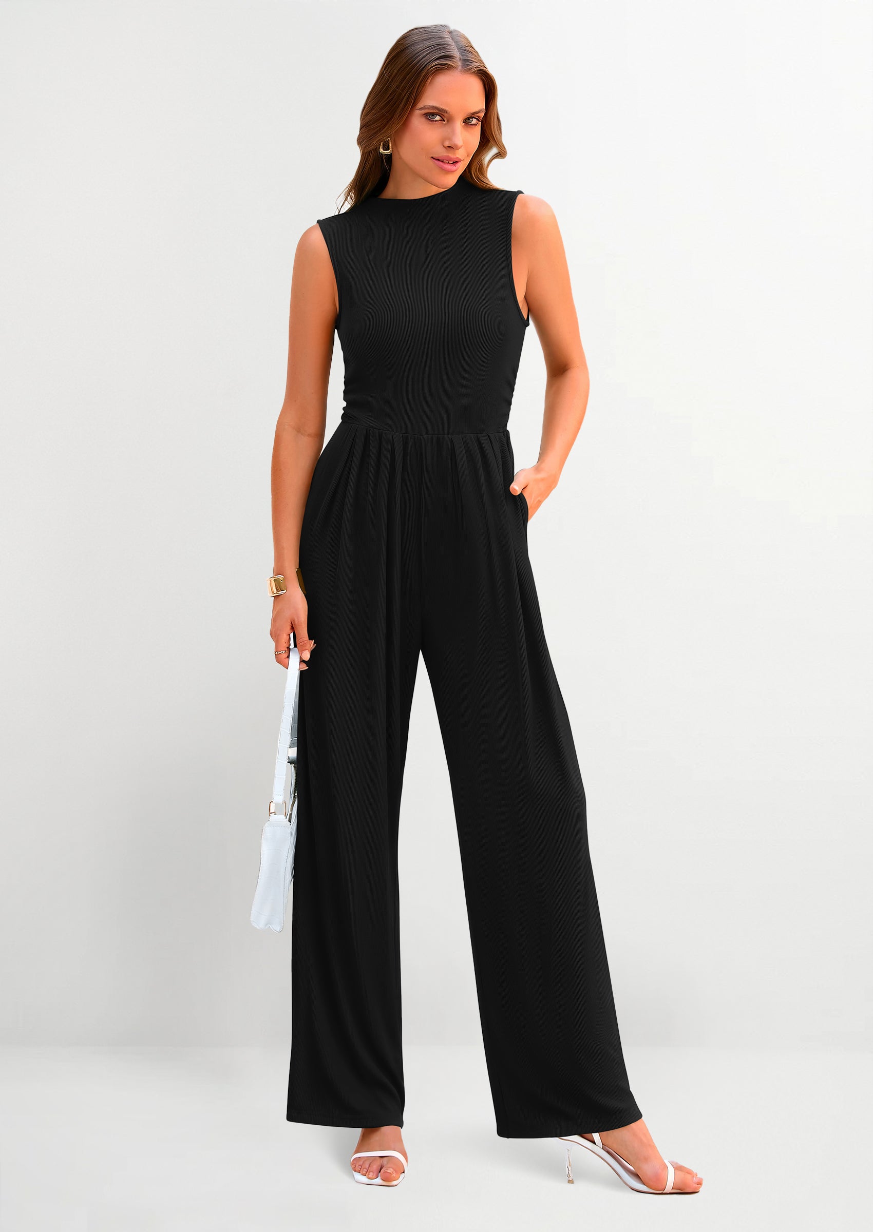 PRETTYGARDEN Womens Summer Jumpsuits Dressy Casual One Piece Outfits Sleeveless Mock Neck Wide Leg Pants Rompers with Pockets