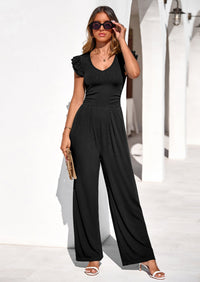 PRETTYGARDEN One Piece Jumpsuits For Women Dressy Ruffle Cap Sleeve V Neck Ribbed Knit Wide Leg Romper Spring Outfits PRETTYGARDEN